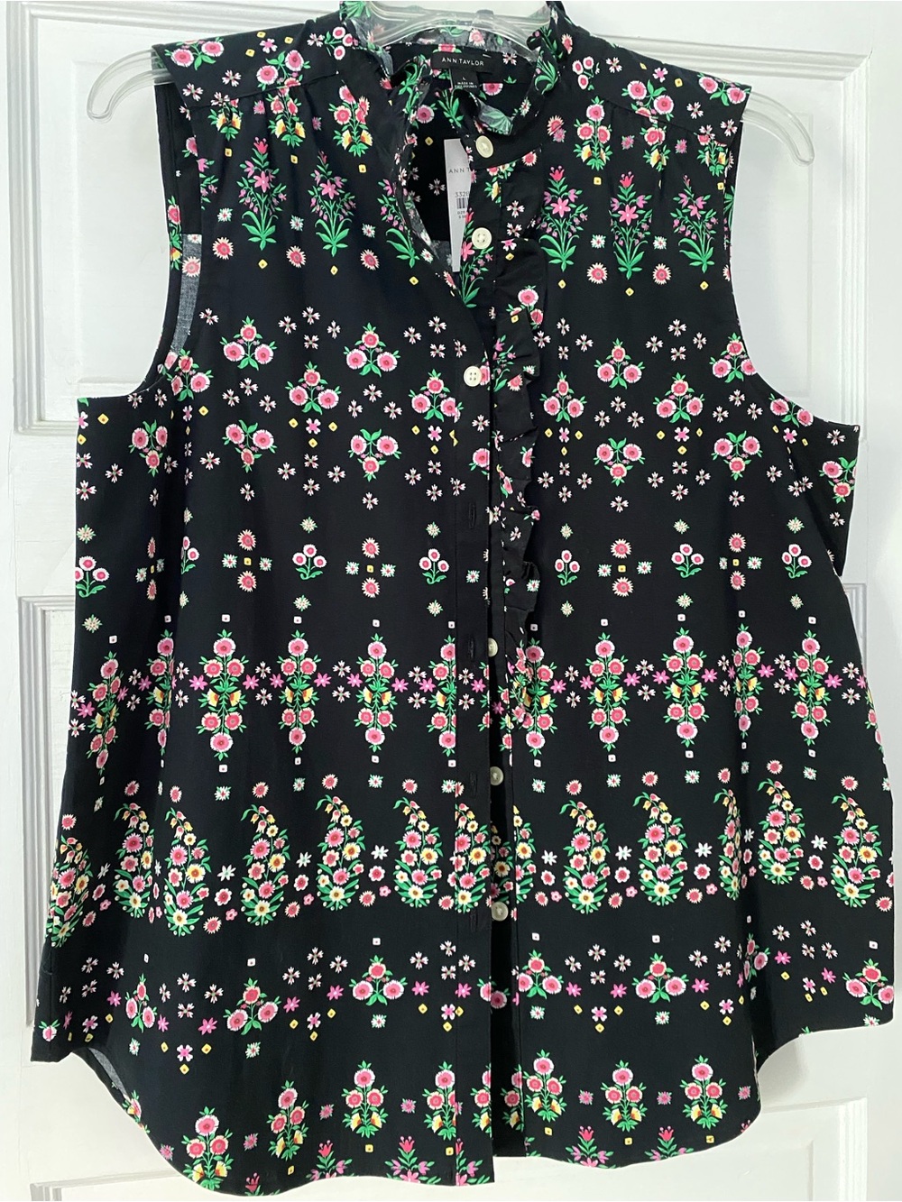 NWT NEW Ann Taylor Black Floral Ruffle Sleeveless Blouse Size L Large